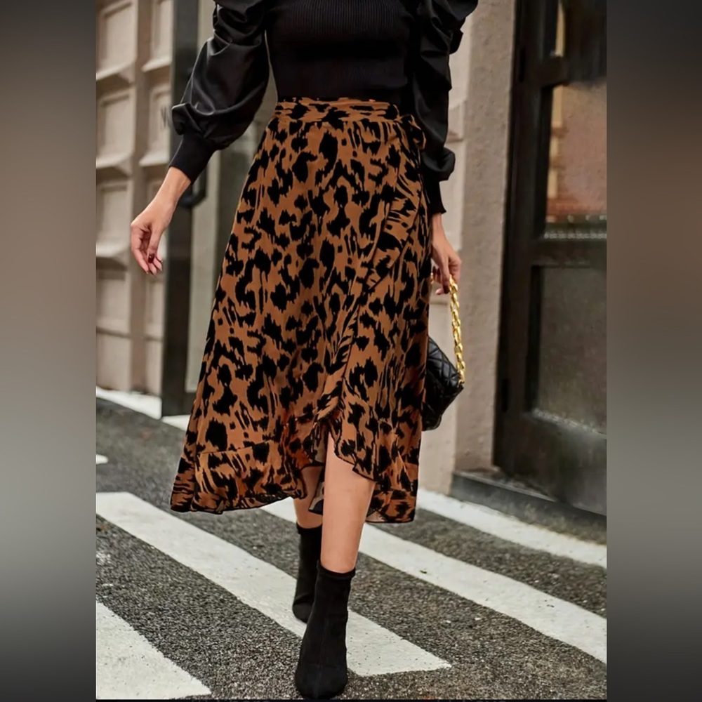 Navy blue gold Abstract Animal Print Midi Wrap Skirt size XL